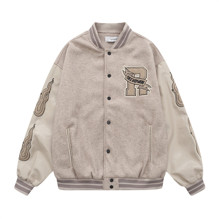 ELELL — Flame Embroidered Varsity Jacket with Contrast