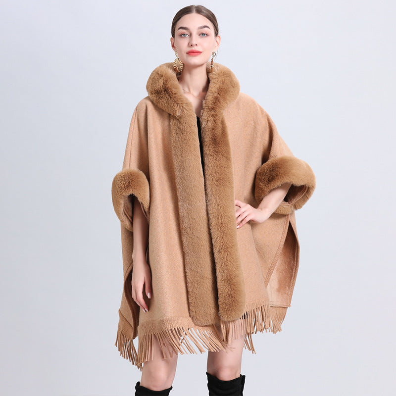 VARON — Plaid Knit Cape Wrap with Faux Fur Collar Detail