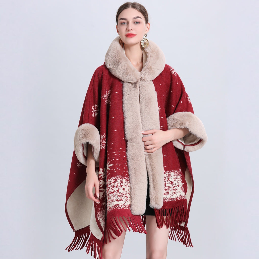 VARON — Plaid Knit Cape Wrap with Faux Fur Collar Detail