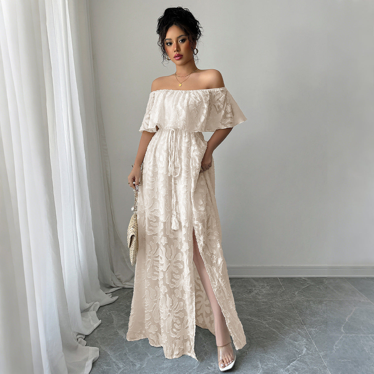 KORRIS — Off-Shoulder Lace Dress with Clean AURA Shape