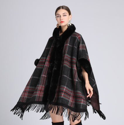 VARON — Plaid Knit Cape Wrap with Faux Fur Collar Detail